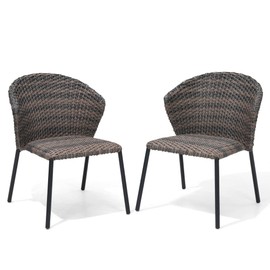 Pellebant Patio Stackable Wicker Dining Chair Sets of 2, Stacking Rattan Porch Chairs, Quilted Padded Outdoor Dining Chairs for Outside, Garden, Yard, Deck, Grey