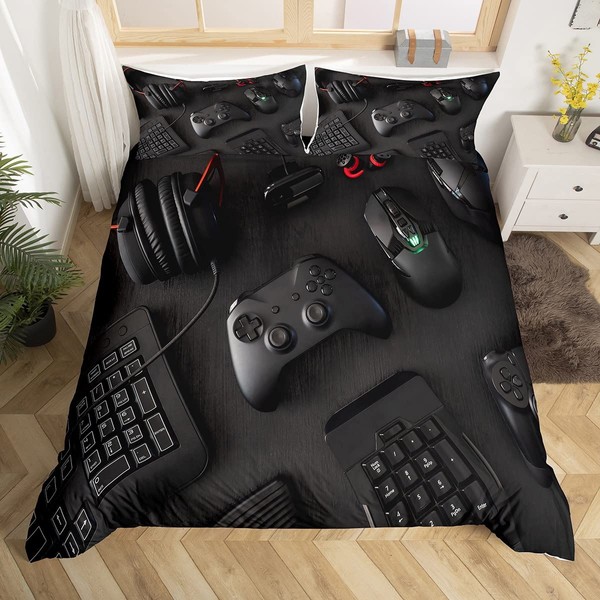 Modern Gamepad Bedding Set, Boys Youth Video Game Controller Mouse Keyboard Headphone Gaming Equipment Comforter Cover, Decorative 2 Piece Duvet Cover With 1 Pillow Sham, Twin Size, Red Black White