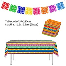 Mexican Party Decoration Set - Includes Mexican Tablecloth, 20 Mexican Napkins, Multicolored Flags，Festive Table Decor for Mexican Party, Fiesta Theme, Birthday and Cinco De Mayo Celebrations