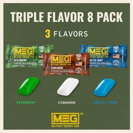 MEG - Military Energy Gum | 100mg of Caffeine Per Piece + Increase Energy + Boost Physical Performance + Multi Flavors of Arctic Mint , Spearmint, & Cinnamon + 8 Packs (40 Count)