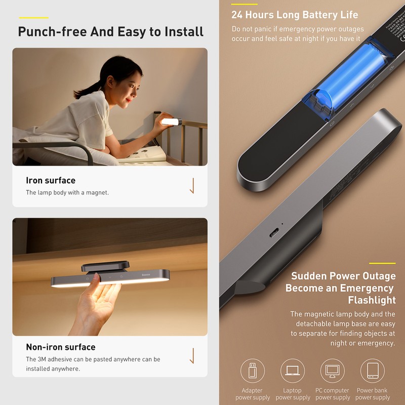 Baseus Wall Reading Light Stick Wireless Stepless Dimmable Touch Control