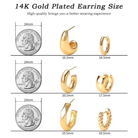 Gold Hoop Earrings Set 14k Real Gold Plated Huggie Earrings Hypoallergenic Chunky Twisted Thick Jewelry for Multiple Piercing Christmas Gift for Women (Gold Hoop TW03)