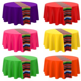 Oudain 6 Pcs Fiesta Tablecloth 84 Inch Plastic Tablecover Waterproof Mexican Round Tablecloth Striped Serape Tablecloth Table Cover for Taco Night Festive Carnival Party Wedding (Multicolor)