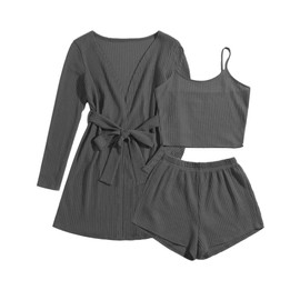 Ekouaer Womens 3 Piece Waffle Knit Lounge Set Soft Pajama Sets Tank Top and Shorts Cardigan with Pockets (Grey, XXL)