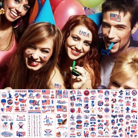 4th of July Temporary Tattoo Adults Fake Tattoos Independence Day Fourth of July Waterproof Body Art Stickers White Blue Red Memorial Decorations for Labor Day Party USA National Flag 20 Sheets