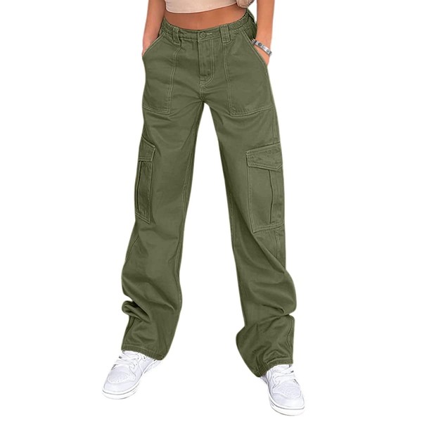 Cargo Pants Women Cute Pants Baggy Straight Wide Leg Pants with Pockets Y2k Streetwear Army Green
