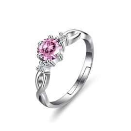 Bellitia Jewelry 925 Sterling Silver Adjustable Side-Stone Engagement Rings for Her, Gemstone Birthstone Finger Ring with 0.7ct Pink Tourmaline CZ Fine Jewellery Gifts for Women Girls