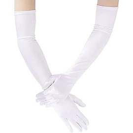 TRIXES Long Satin Gloves - White Elbow Length Gloves – Retro Fancy Dress Accessory – Stretch Fit Design for Wedding, Opera, Prom & More