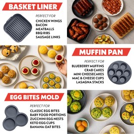 Gourmia Air Fryer Accessories Set - 3 Piece Silicone, Liner, Egg Bite Cooker, 7-Hole Cupcake Mold, BPA-Free, Nonstick, Heat Resistant 445°F, Dishwasher Safe, Food Grade