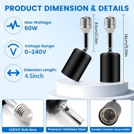 Ceramic Light Bulb Socket Extender, Heat-Resistant E26/E27 Light Socket Adapter with 4.5 Inch Extension for Camera, Lamp, Vertical 180° & Horizontal 360° Adjustable, Max150W (2, Black)