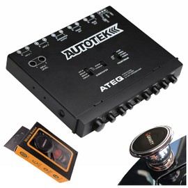 Autotek ATEQ 4-Band Audio Equalizer with Built-in 2-Way Crossover, 1/2 DIN, re-amp EQ with Front/Rear Active Crossover with Gravity Magnet Phone Holder Bundle