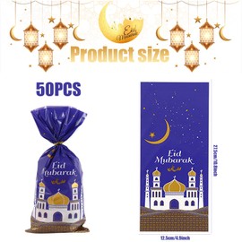 Eid Mubarak Gift Bags, Pack of 50 Eid Mubarak Party Bags, Ramadan Theme Mosque Printed Pattern Gift Bag Eid Mubarak Party Bags with 50 Twist Ties for Eid Mubarak Party Decoration
