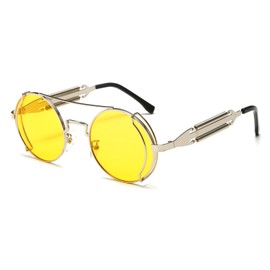 YAMEIZE Women's Vintage Round Steampunk Sunglasses with UV400 Protection Metal Frame Glasses Driving for Men, Gold/Yellow