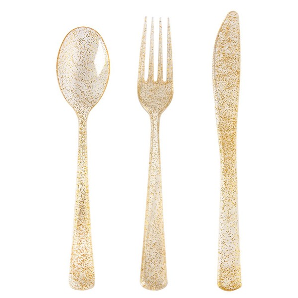 Supernal 300pcs Gold Plastic Silverware,Party Plastic Flatware, Disposable Gold Glitter Cutlery, Clear and Gold Plasitc Silverware,100 Gold Forks,100 Gold Knives,100 Gold Spoons
