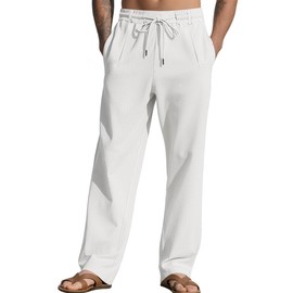 QOSOQ Men's Casual Linen Pants Elastic Waist Drawstring Summer Beach Lightweight Trouser with Pockets White