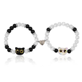 Lyreh 2pcs Cat Matching Bracelets, Acrylic Couple Best Friendship Magnetic Elastic Cute Matching Cat Bracelets Jewelry for Couple Friend Y2k Style Gift(Black & White)