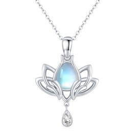 AOVEAO Lotus Necklace 925 Sterling Silver Moonstone Lotus Flower Pendant Necklace Yoga Meditation Protection Spiritual Lotus Jewelry for Women