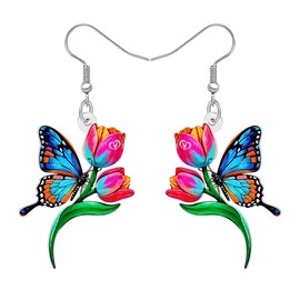 LONYOO Acrylic Colorful Floral Butterfly Earrings Dangle Aesthetic Butterfly Gifts for Women Mom Flower Jewellery Spring Summer Charms (Red)