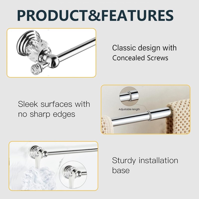 Bathroom Silver Towel Bar, Adjustable Crystal Towel Holder, 24 Inch
