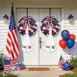 2 Pcs 4th of July Wreath Sash Stripes Stars for Front Door Embroidery Ribbon Sash Independence Day Patriotic for Yard Porch Doorway Decor Outdoor Party Decoration