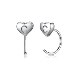Sterling Silver Half Huggie Heart Hoops Earrings Small Heart Women Earrings with Letter C