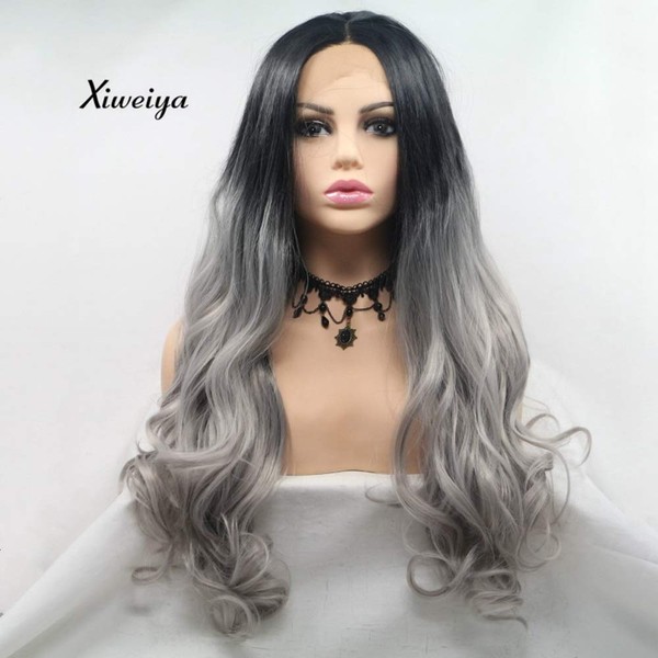 Xiweiya Ombre Grey Synthetic Lace Front Wigs With Black Roots Long Body Wave Wig Heat Resistant Fiber Women Hair Long Soft Ombre Lace Wigs Middle Parting