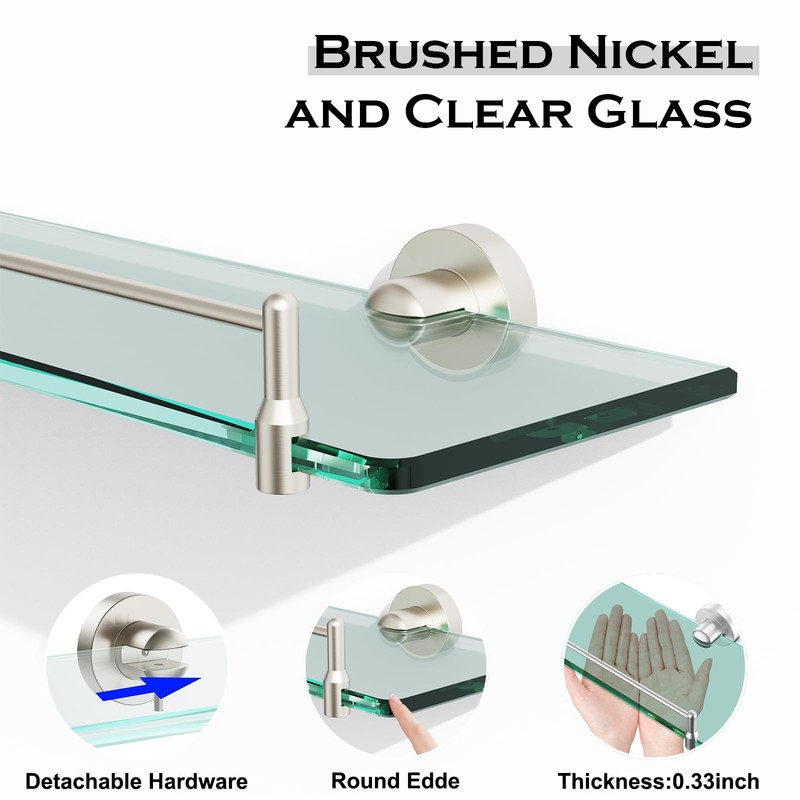 KOCOK 24 Inch Glass Bathroom Shelves,Brushed Nickel Floating Shelves for