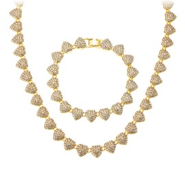 Jerollin Women's Trendy Diamond Heart Shape Chain Necklace Bracelet Set Gold
