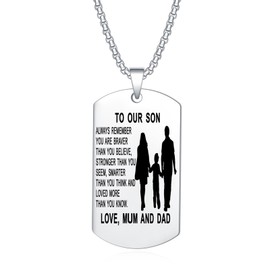 YOTHIWAD To Our Son Dog Tag Pendant Necklace Inspirational Words Engraved Birthday Graduation Gift for Son from mum Dad(Silver)