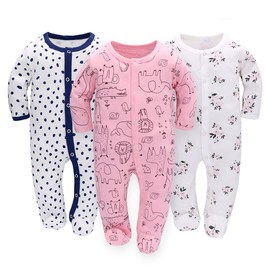 LAT 3 Pcs Infant Girls Boys Footie Onesies Sleeper Newborn Cotton Sleepwear Outfits (Flowers + Animals, M (62cm))