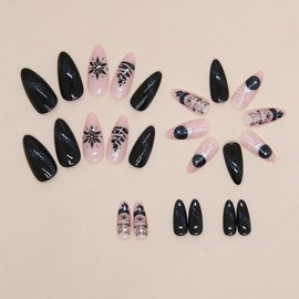 Christmas Press on Nails Medium Almond Fake Nails with White French Designs Snowflake Stripe Glue on Nails Full Cover Glossy Acrylic Nude False Nails Winter Xmas Stick on Nails for Women Girls 24 Pcs