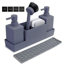 Haisheng 1 Set Kitchen Soap Dispenser, Grey 2 Pack Soap Dispenser Bottle with 3 Pumps, Sponges, Brush, Drainer Tray, 350ML Shampoo Lotion Bottle for Kitchen and Bathroom