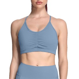 Aoxjox Sostén deportivo para mujer, entrenamiento, fitness, fruncido, espalda cruzada, yoga, ombliguera, Azul Acero, XS