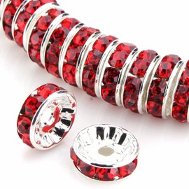Weebee 100Pcs Rondelle Spacer Beads Crystal Charms Silver Plated Czech Rhinestone Loose Beads for Jewelry Making DIY Bracelets (Light Siam Red, 6mm)