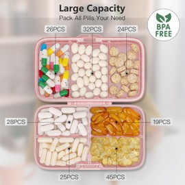 FYY Weekly Pill Organizer with Labels,8 Compartments Travel Daily Pill Case Airtight Moistureproof Large Pill Box to Hold Vitamins, Fish Oil, Supplements,Cotton Swab and Bandages Pink