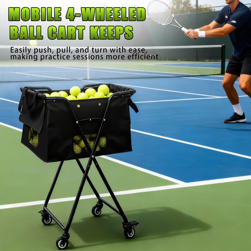 Jacgood Tennis Ball Hopper Cart with 4 Wheels，Foldable Large Capacity