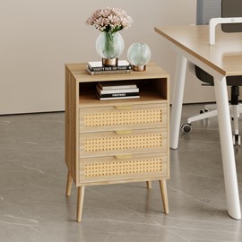 COSIEST Rattan Nightstand with Charging Station, End Table with LED Lights, Bedside Table with USB Ports & AC Outlets, Boho Night Stand with 3 Storage Drawers, Wood Dresser for Bedroom (1 Pack)