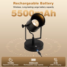Vitnucrol Rechargeable Spot Lights Indoor with Remote, 5500mAh Battery Operated Spotlight Wireless LED Uplighting with Timer＆Dimmable, 3CCT, Accent Lighting for Plant/Picture/Artwork (2Pack-Black)