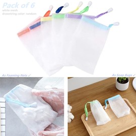 FULINJOY 6 PCS Exfoliating Mesh Soap Saver Pouch Bag Sack, Face Cleansing Foaming Nets, White Pouch with Drawstring (Color Random)