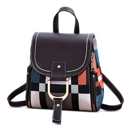 DIRRONA Fashion Women's Color Block Backpack Small Shoulder Bags Daily Casual Elegant Ladies Daypack Multifunctional Backpacks Travel Work Shopping Dating Pu Leather Rucksack Brown