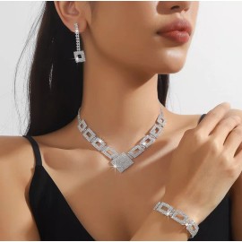 Unbranded Modern Luxurious Full Diamond Collar Bone Necklace Earrings Bracelet Set
