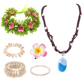 Carreuty Pack of 6 Princess Accessories Compatible with Moana, Moana Chain Hawaiian Garland Headband Flower Hair Clip 3 Shell Anklets Vaiana Party Accessories for Girls Children Birthday Holiday