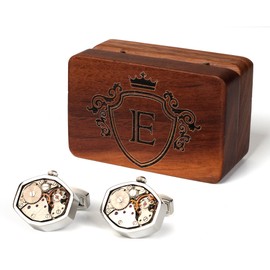 Mens Cufflinks Watch Movement Shape Silve Cuff Links with Initial Walnut Wood Box for Husband Boy Friend Groom Groomsman Wedding (E)