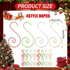80 Pcs Christmas Ornament Hooks Bauble Christmas Tree Decorations S-shaped Ball Hangers Metal Hooks Christmas Gold Silver Red Green for Tree Decorations Ornament Home Party (50mm)