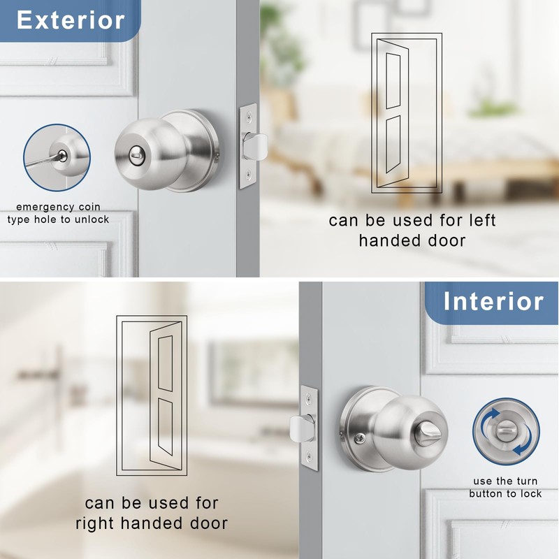 Knobonly 10 Pack Privacy Door Knobs Satin Nickel, Keyless Door