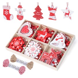 Adorfine Pack of 36 Wooden Christmas Tree Decorations, Red and White Christmas Tree Ornaments for Christmas Calendar, Decoration