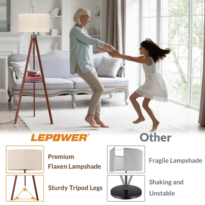 LEPOWER Tripod Floor Lamp, Mid Century Wood Standing Lamp, Modern