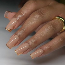 SINHOT Square Press on Nails Medium - Gold Bling Glitter Edge Fake Nails Glossy Glue on Nails Nude Natural Nail False Nail with Design DIY 24 pcs