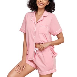 COLORFULLEAF Womens 100% Cotton Pajamas Set Short Sleeve Sleepwear Button Down Pjs Soft 2 Piece Lounge Set with Pockets S-XXL(Pink, Medium)