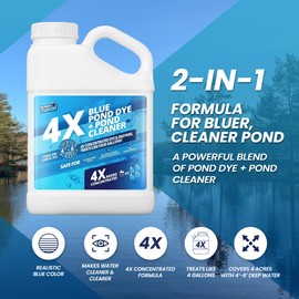 1 Gallon 4X Blue Pond Dye + Pond Cleaner, Blue Dye for Ponds and Lakes, 2-in-1 Lake Colorant + Enzymes, Makes Murky Water Clean & Beautiful, Keeps The Water Cool, Clear, and Ideal for Fish & Wildlife